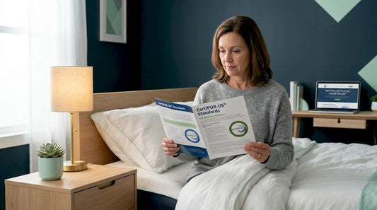 Woman reading CertiPUR-US mattress certification brochure