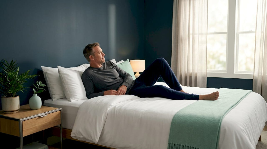 Man resting on mattress in sunlit bedroom