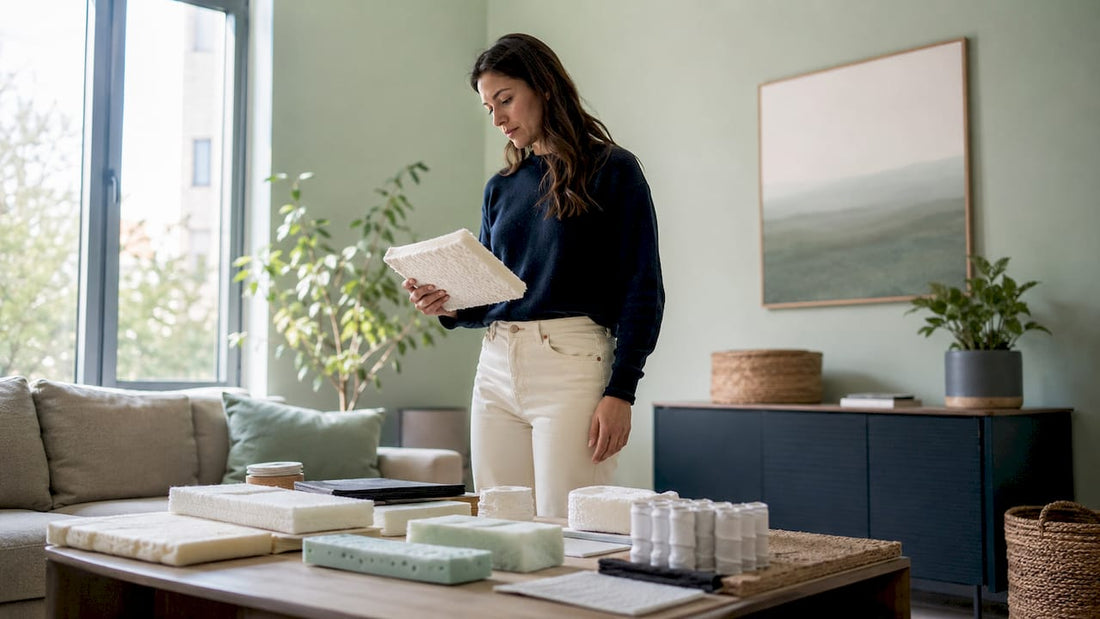 Woman examining mattress materials in bedroom