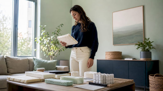 Woman examining mattress materials in bedroom