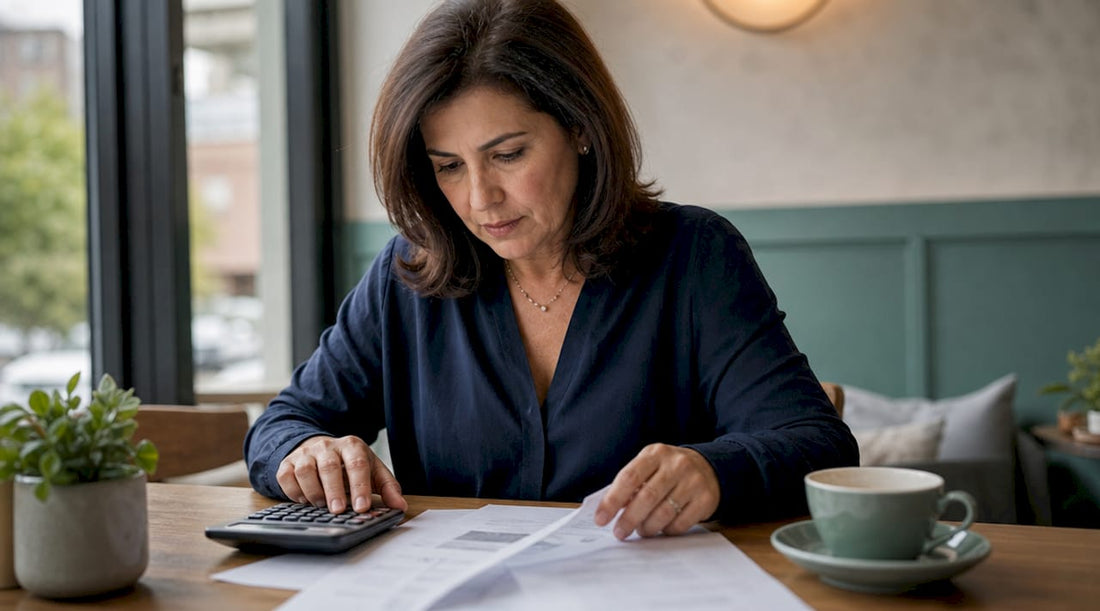 Woman calculating mattress price per night at home