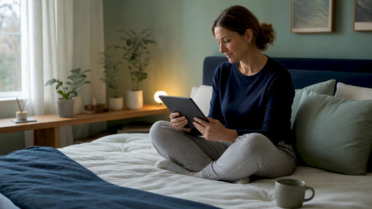 Woman researching budget mattresses on tablet