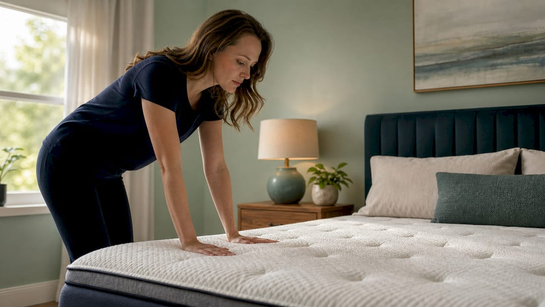 Woman testing mattress firmness at home