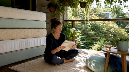 Woman reviewing organic mattress alternatives brochure at home