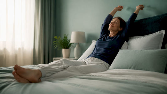 Woman resting on new mattress stretching comfortably