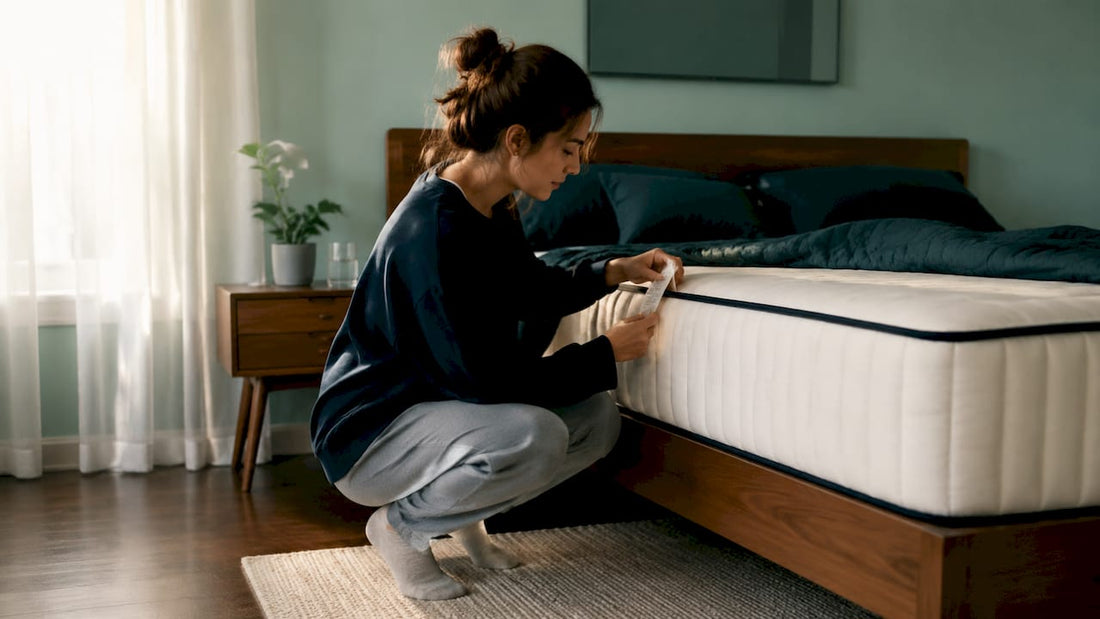 Woman inspecting mattress label in bedroom
