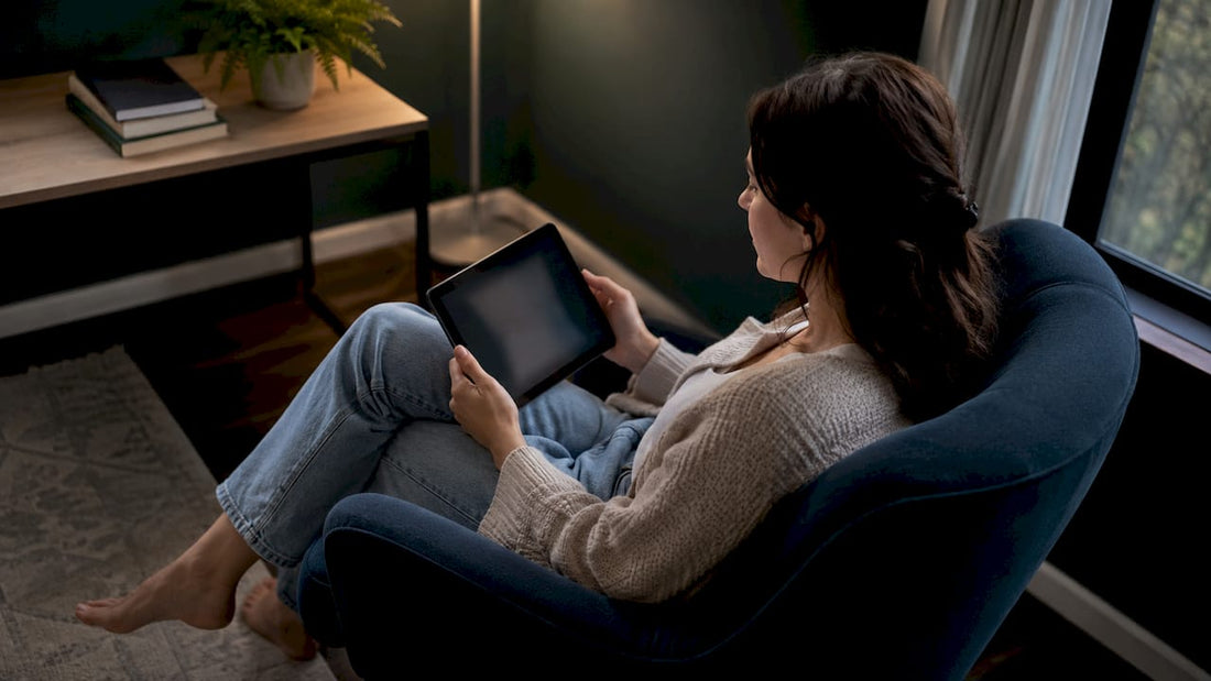 Woman browsing non-toxic mattress options at home