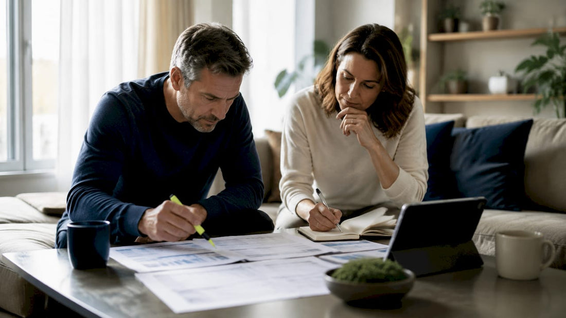 Couple reviewing mattress quality charts at table