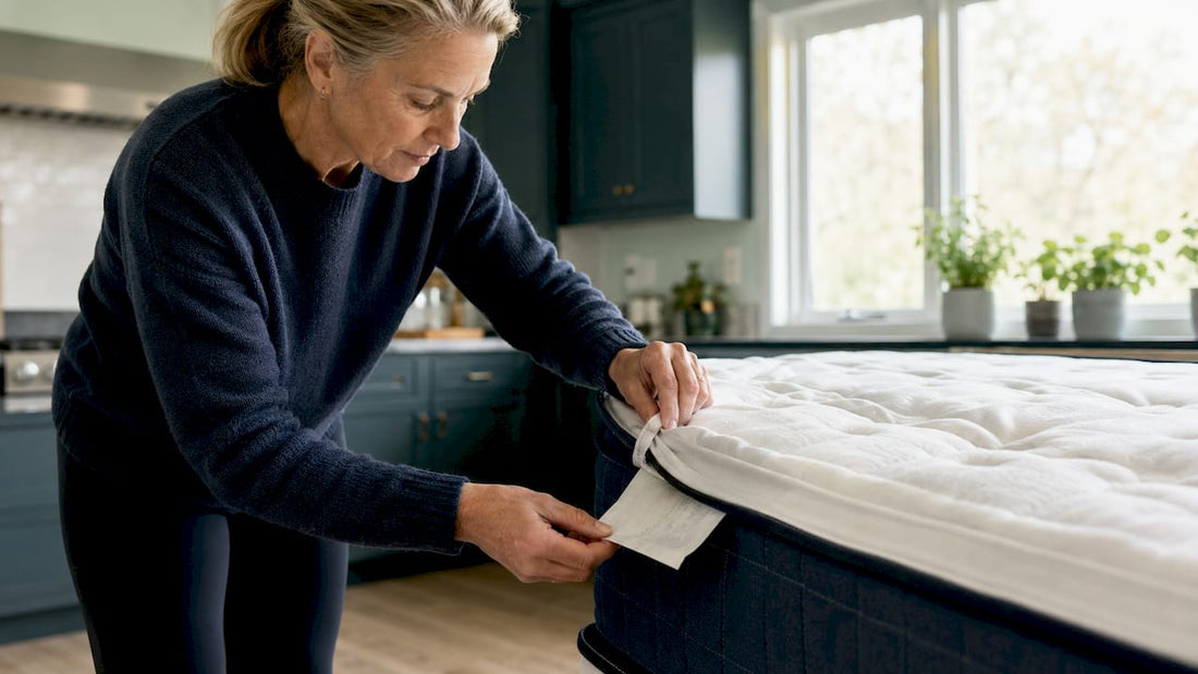 Woman inspecting mattress law tag in bedroom