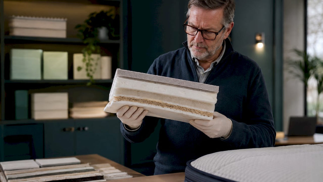 Inspector examining silica fiber fire barrier mattress layer