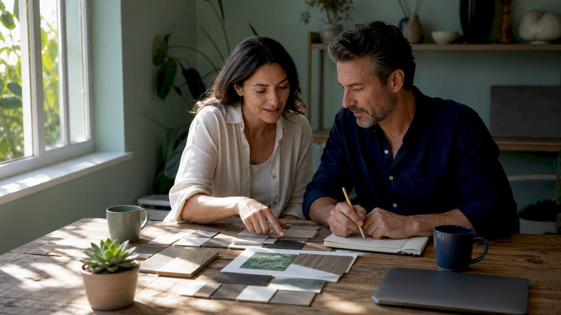 Couple reviewing sustainable home options at table
