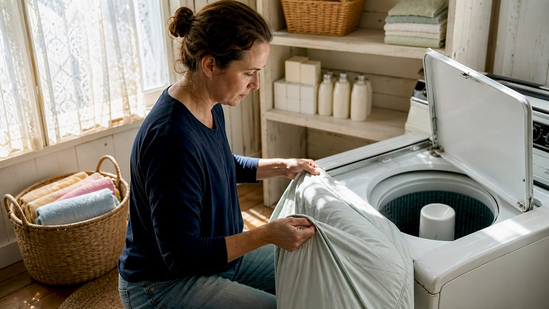 Person lifting mattress cover near washing machine