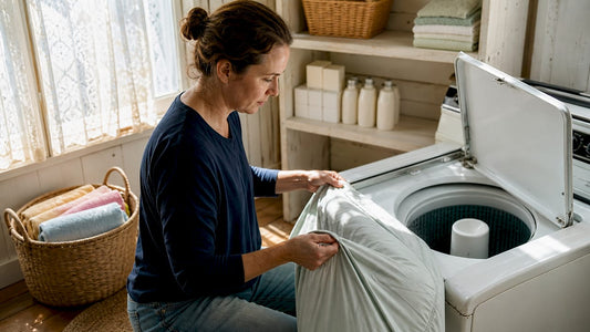 Person lifting mattress cover near washing machine