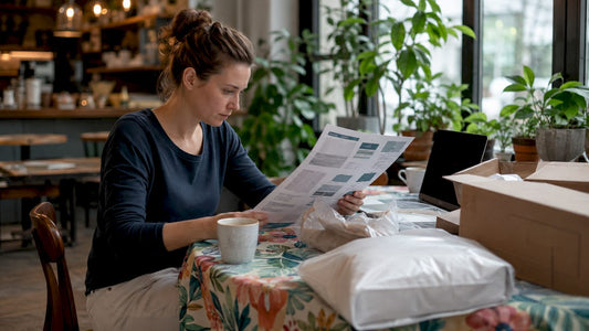 Woman reviewing mattress safety brochure at kitchen table