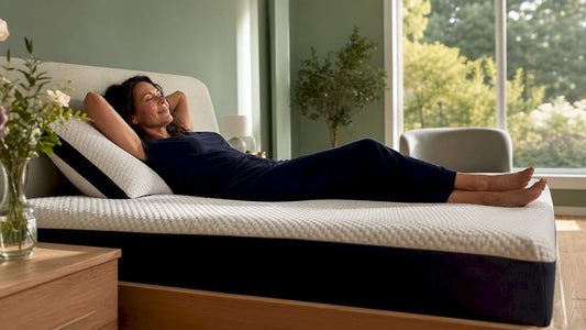 Woman relaxing on new mattress in bright bedroom