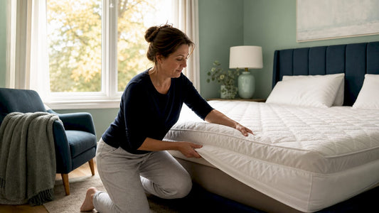 Woman fitting mattress cover in bright bedroom