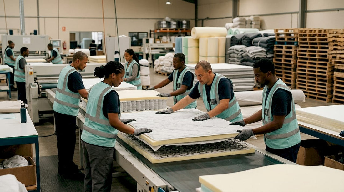 Workers assembling mattresses in domestic factory