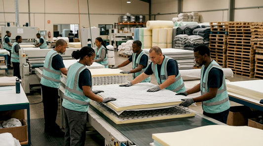 Workers assembling mattresses in domestic factory