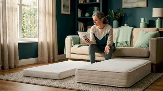 Woman comparing mattress thickness at home