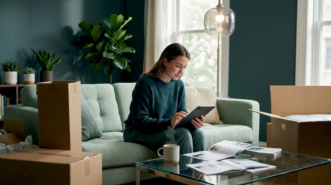 Woman researching mattress options at home