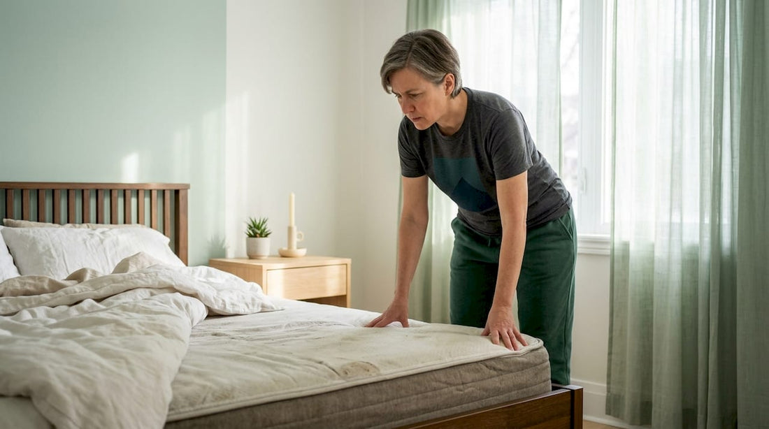 Person inspecting sagging mattress in bedroom