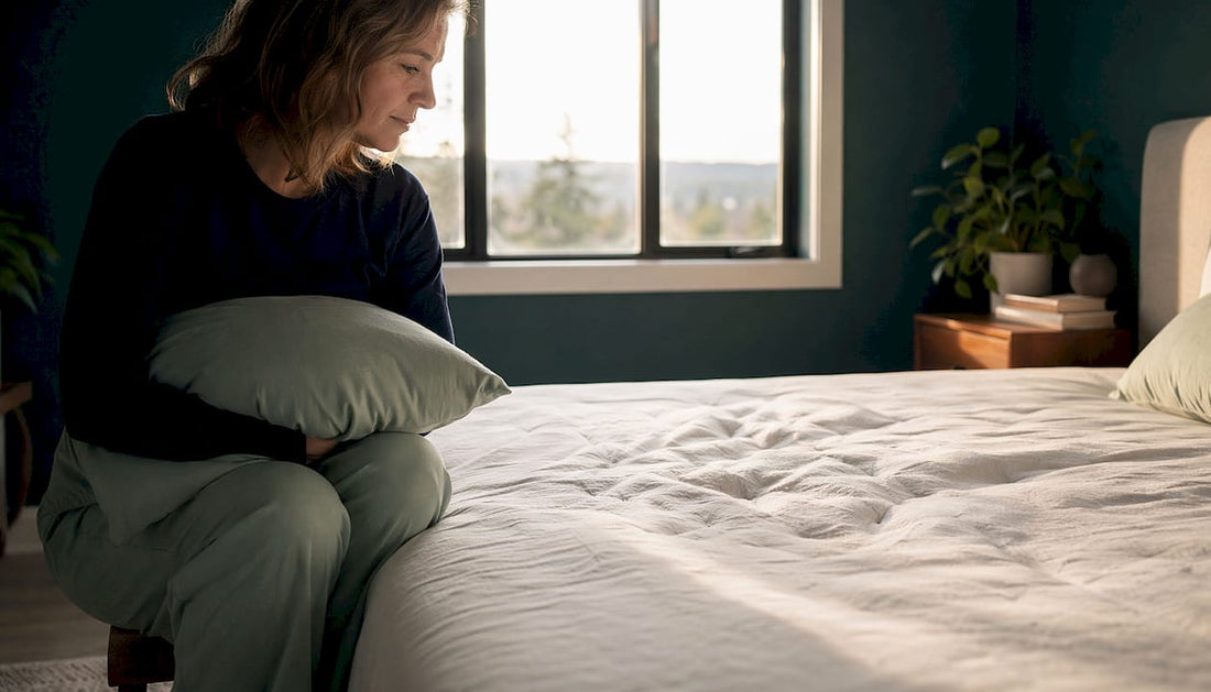 Woman sitting on sagging mattress showing poor sleep symptoms
