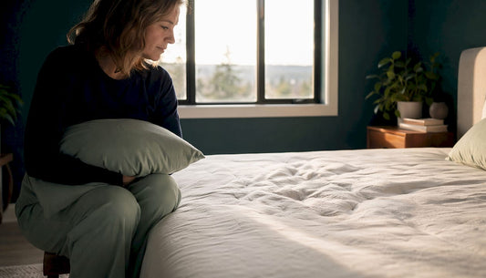 Woman sitting on sagging mattress showing poor sleep symptoms