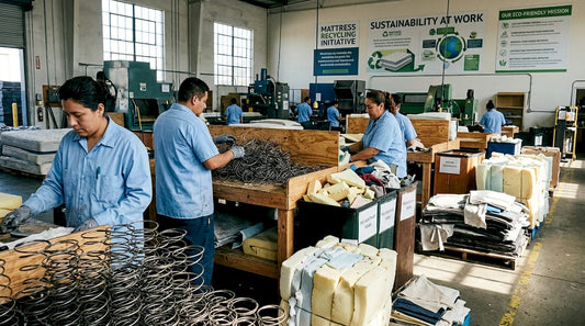 Mattress recycling facility with workers sorting materials