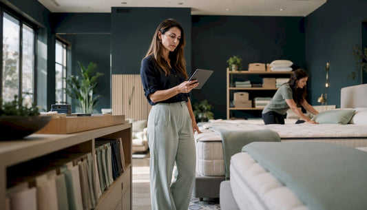 Store manager reviewing mattress arrangements