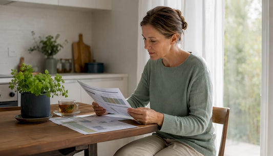 Woman reviewing mattress foam specs at desk