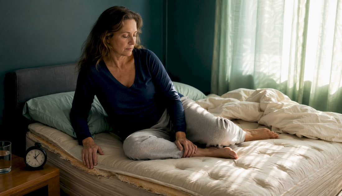 Woman lying on aging mattress in bedroom