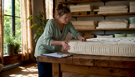 Inspector examining mattress workmanship closely