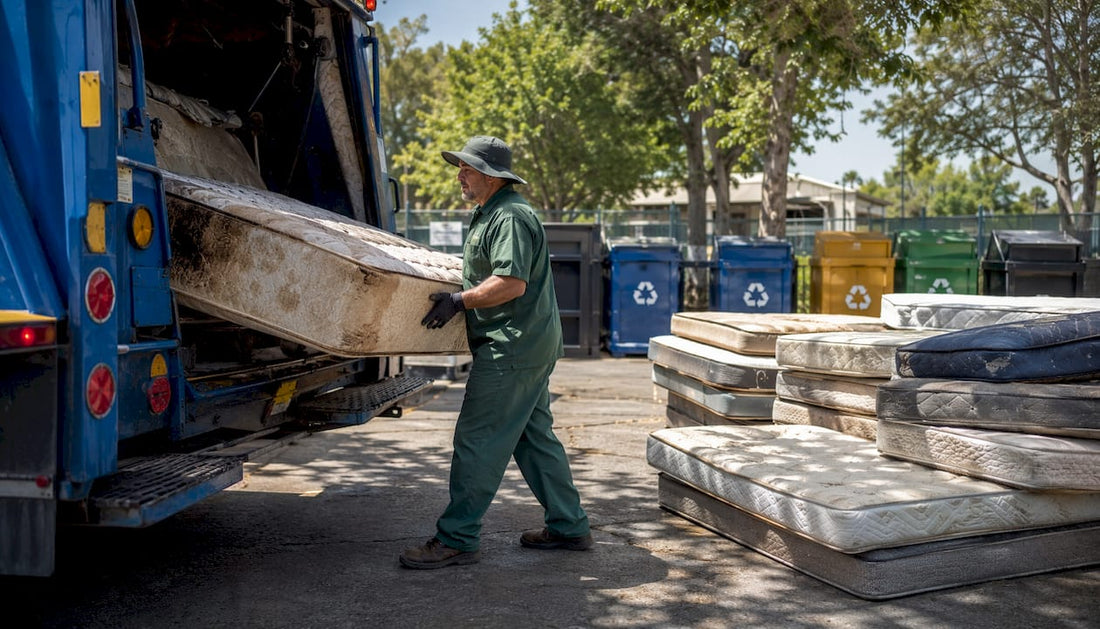 Technician unloading mattress at recycling facility