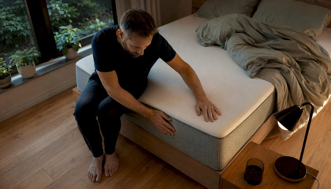 Man checking mattress airflow mesh in bedroom