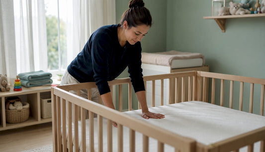 Mother inspecting crib mattress firmness in nursery