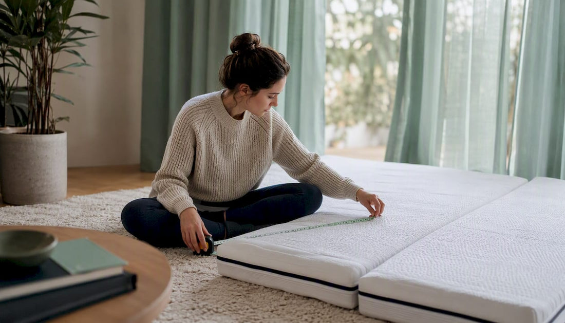 Woman measuring mattress size in bedroom