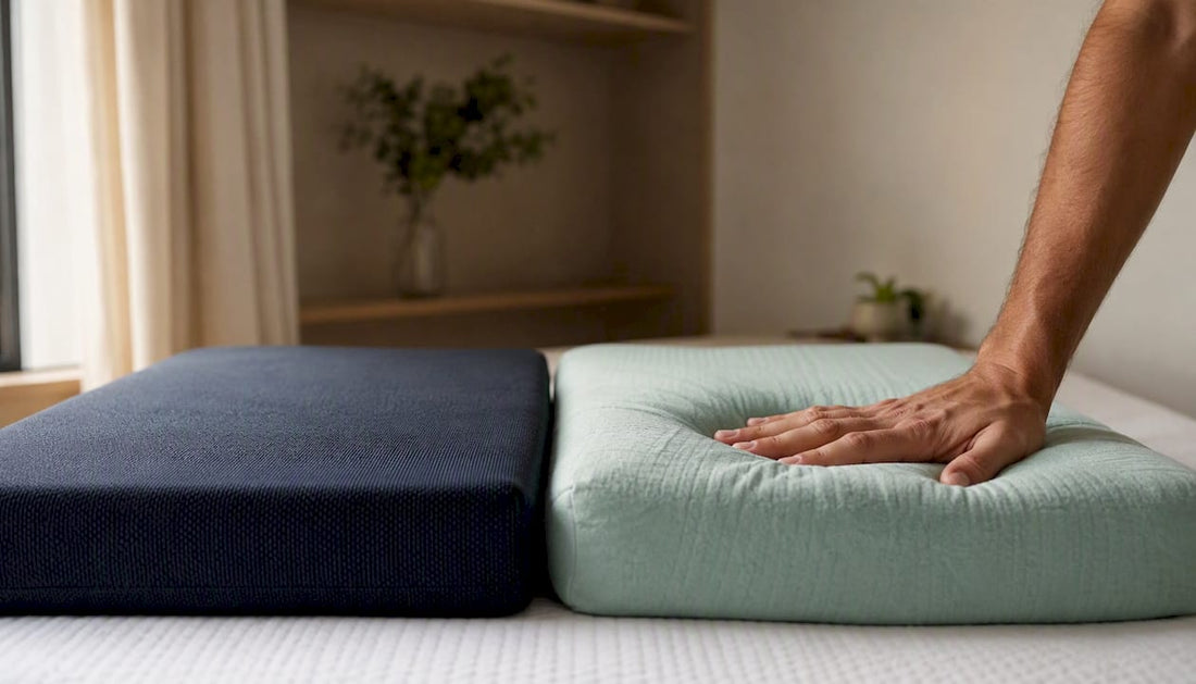 Hand pressing two mattress firmness types