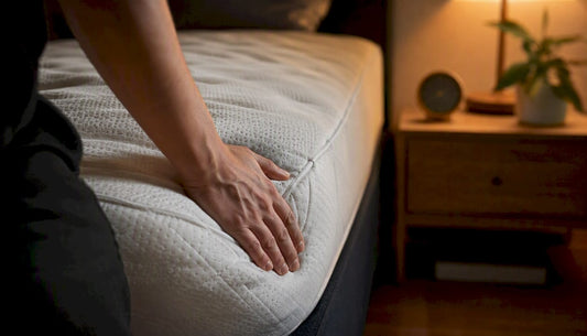 Hand pressing mattress edge in bedroom