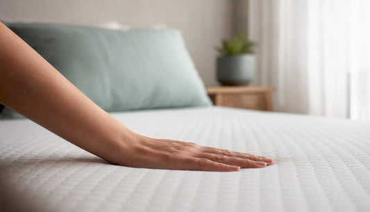 Hand pressing mattress surface in bedroom