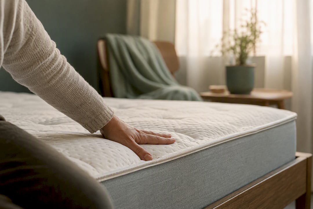 Hand pressing mattress edge in showroom
