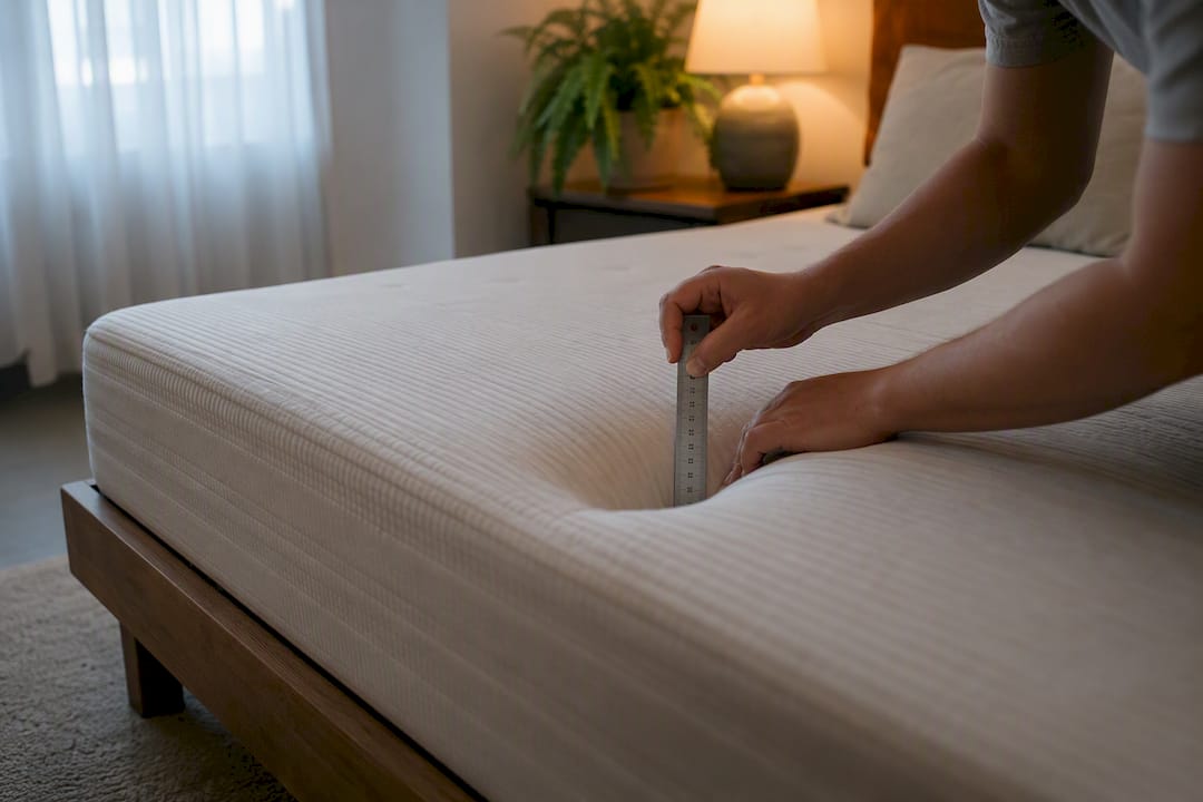Hand measuring mattress sag with ruler