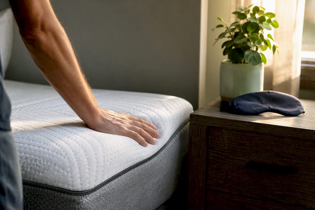 Hand pressing mattress edge in bedroom