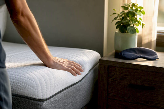 Hand pressing mattress edge in bedroom