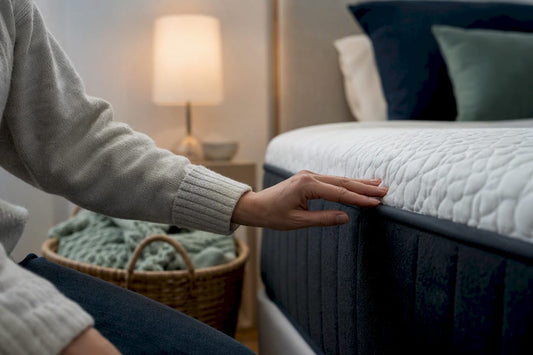 Hands inspecting mattress edge in bedroom