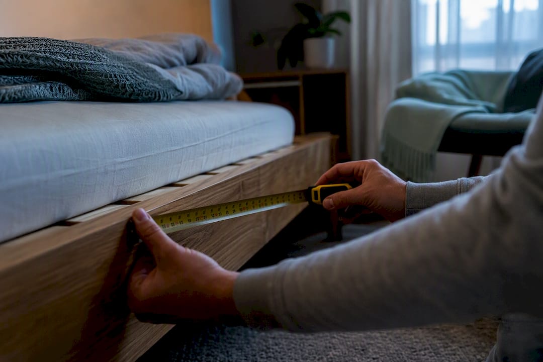 Hands measuring platform bed frame corner