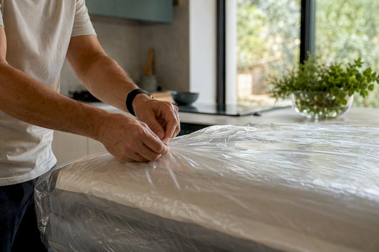 Hands wrapping mattress in plastic for shipping