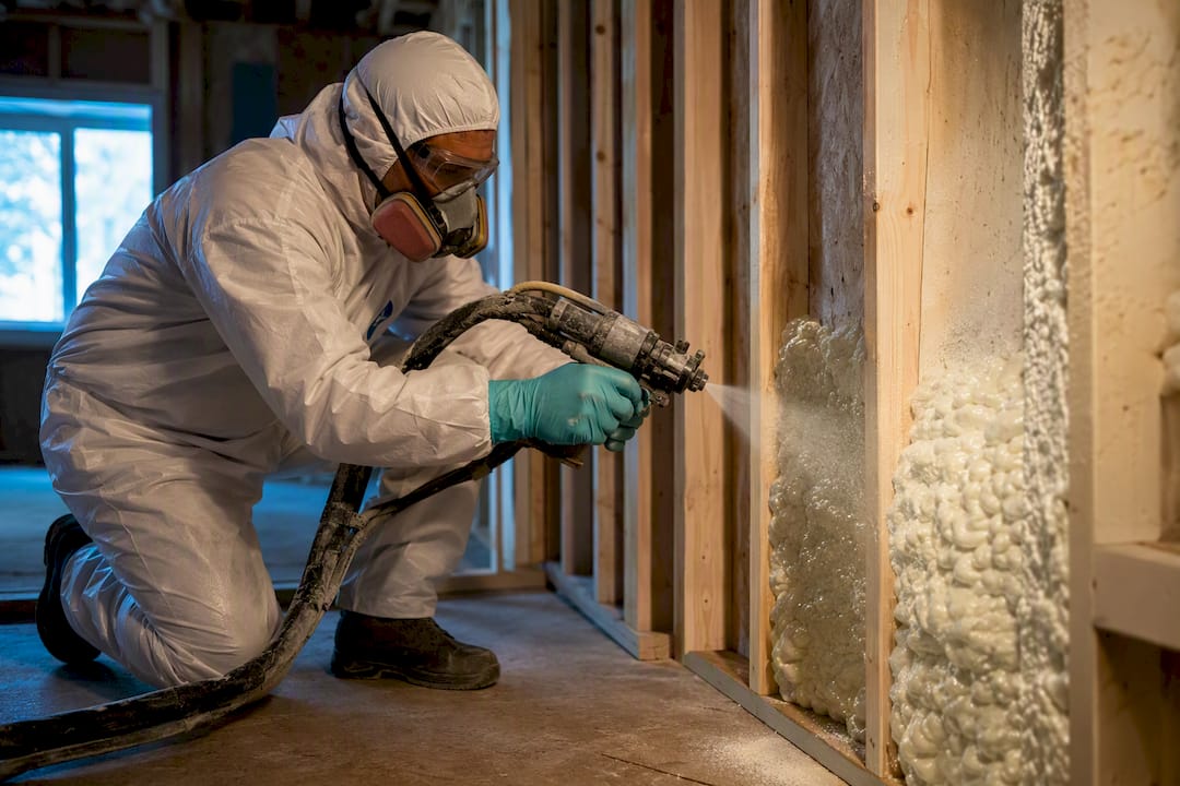 Contractor applying polyurethane foam safely