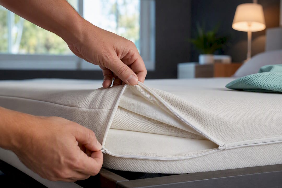Hands inspecting mattress cover seam