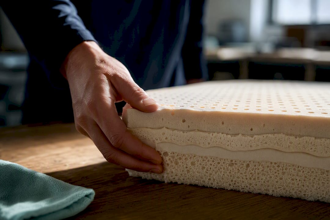 Hand examining latex mattress material
