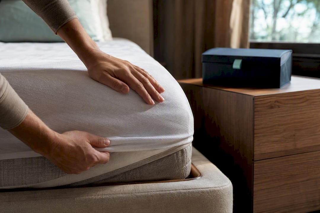 Hands fitting protector on mattress corner